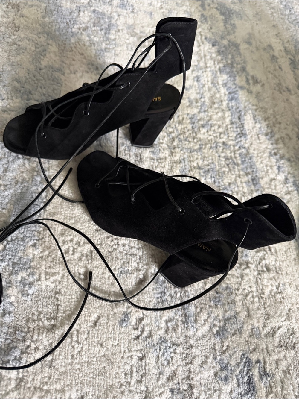 YSL Saint Laurent black suede lace up block heel sandals SIZE 36.5